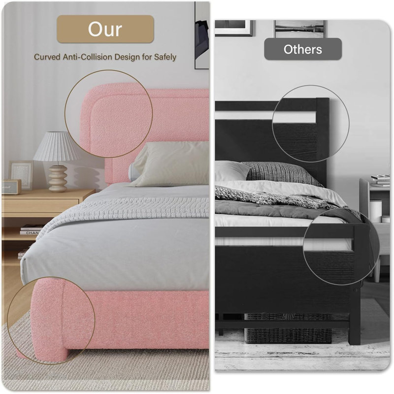 King Pink Boucle Upholstered Platform Bed Frame with Headboard