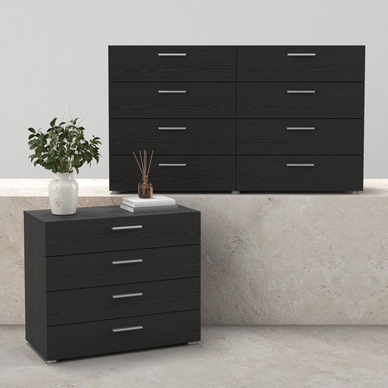 Ensemble de chambre à coucher 2 pièces avec commode double 8 tiroirs Pepe, grain de bois noir