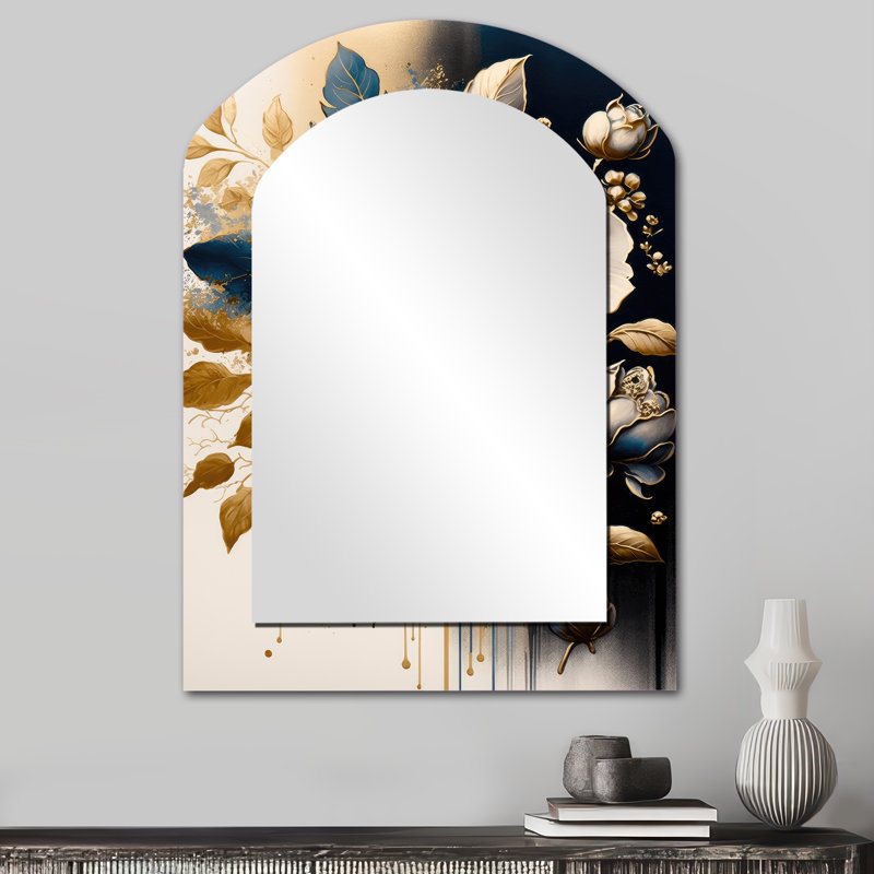 Noir et or Camellia Bouquet I - miroir asymétrique Camellia, miroir mural noir arche unique, impression d'art en métal