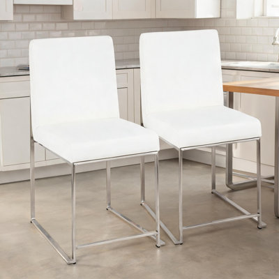 Ensemble de 2 chaises d'appoint contemporaines avec dossier haut, revêtement en similicuir blanc et structure en acier inoxydable, hauteur de salle à manger fixe, l 21,5 po x l 18,5 po x H 33,5 po