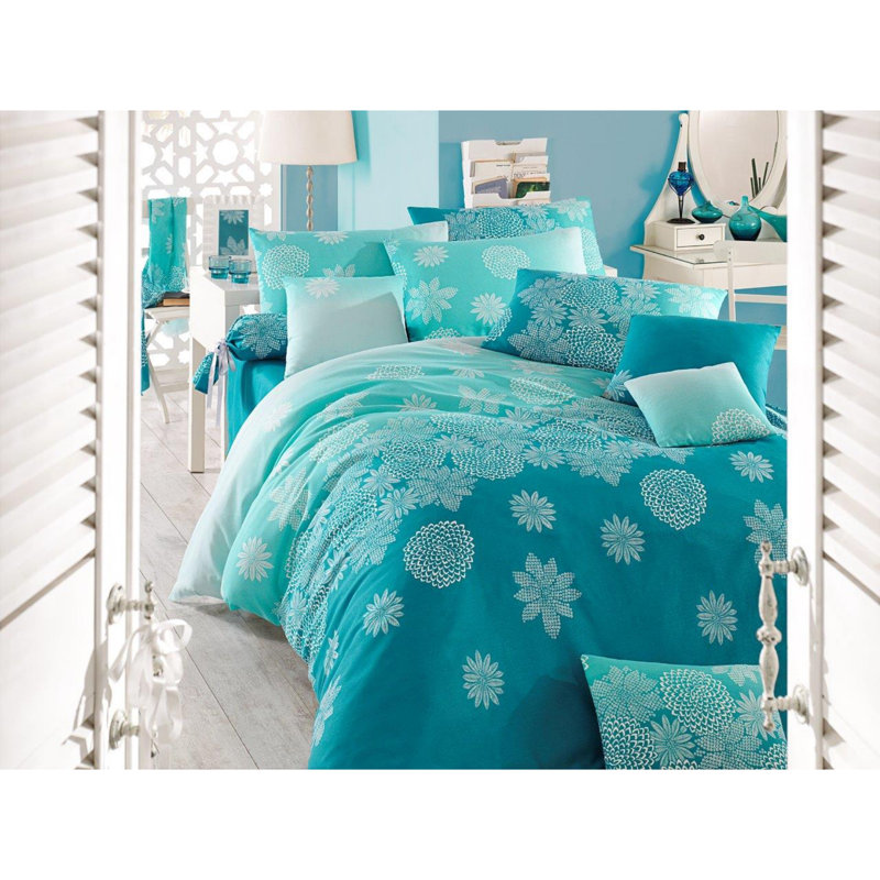 Ensemble de housse de couette 4 pièces en mélange de coton turquoise / blanc Estrin