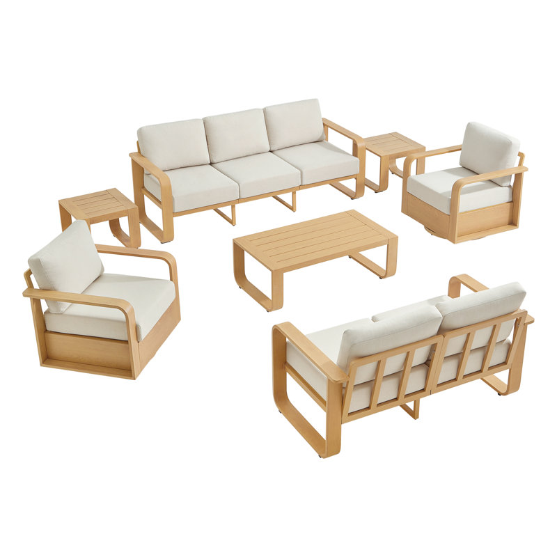 Ensemble de conversation pour patio 7 personnes avec coussins, Natural Wood, Cream