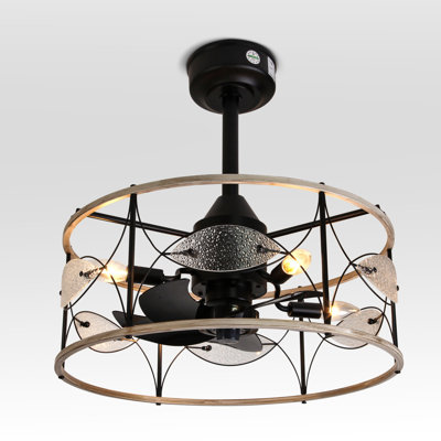 20 Inch Small Caged Ceiling Fan With Light And Remote Control,6 Speed Reversible Bladeless Fan Light Fixture For Farmhouse Kitchen Bedroom, Matte Black