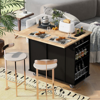 Îlot de cuisine avec prise de courant, îlot de rangement avec abattant et bois d'hévéa, rangement ouvert et support à vin, 5 roulettes, avec rangement réglable pour la maison, la cuisine et la salle à manger