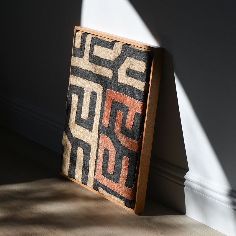 Kuba Cloth African Wall Art Style 1, Authentic Handwoven Raffia Textile with Teak Frame, 16" x 20"