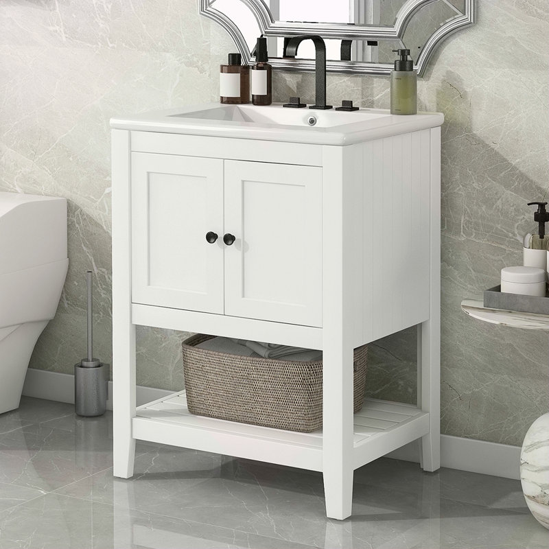 Lavabo de salle de bain moderne élégant en céramique blanche 24 po avec tablette ouverte en bois massif, Blanc/Noir