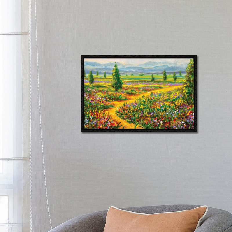Summer Landscape And Country Road by Valery Rybakow - Painting on Canvas, 101.6 cm H x 66.04 cm W, Black Framed Canvas