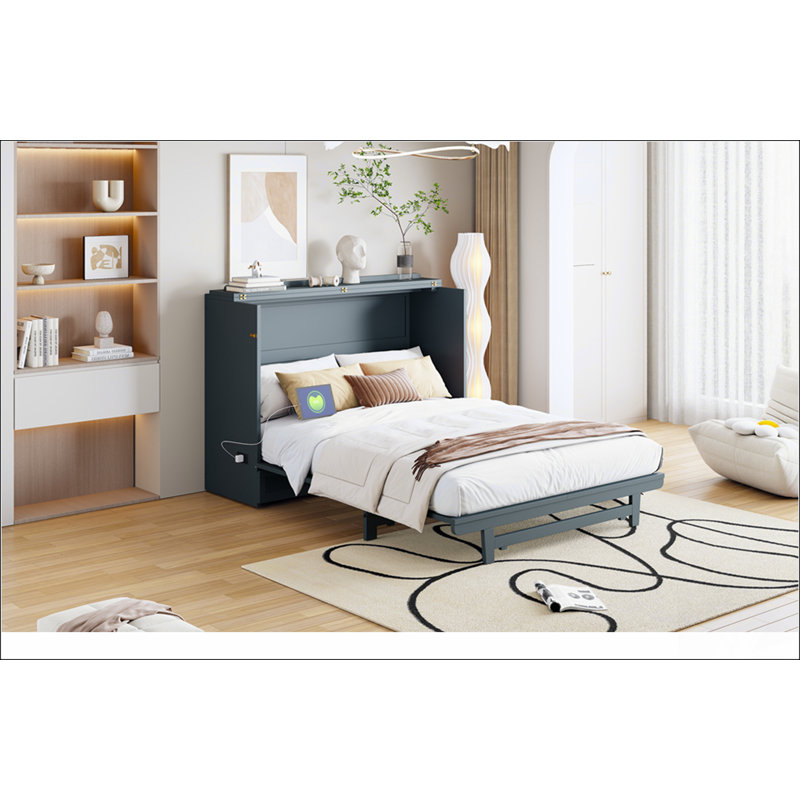 Grand lit escamotable grand format avec grand tiroir, ports et prises USB, blanc, Grand lit, Blanc