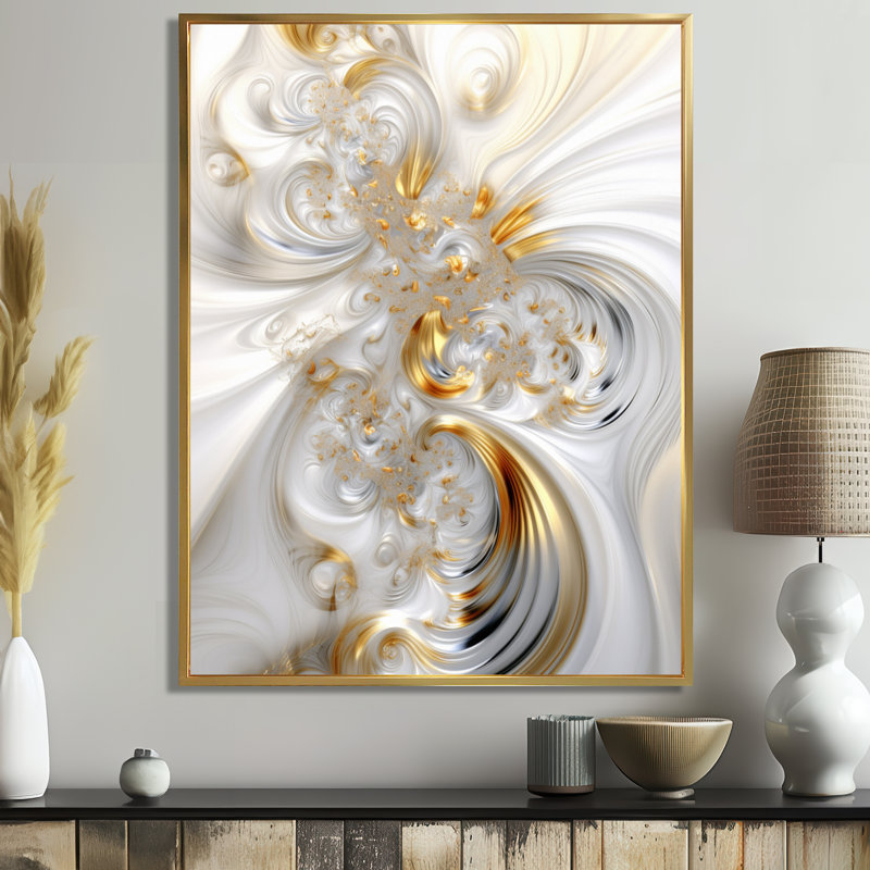 «Whirling River Dynamics Gold and White II - Abstract Spirals», art mural, Cadre flottant doré, H 20 po x l 12 po