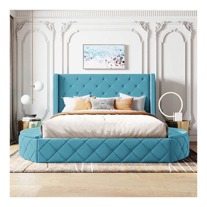 Lit plateforme tapissier grand en velours avec tête de lit à oreilles et 1 grand tiroir, 2 tabourets de rangement latéraux (bleu)