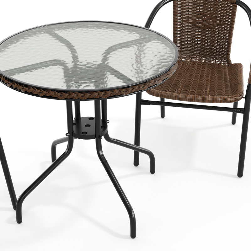 Amlie 28'' Round Glass Dining Table and 2 Rattan Chairs Set by Flash Furniture, Dark Brown