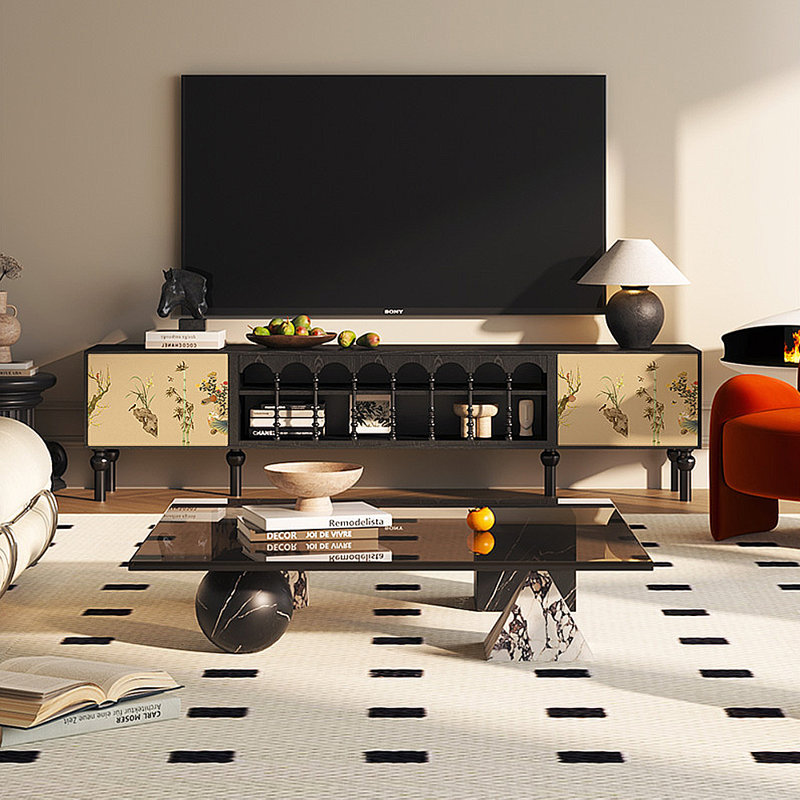 Meuble télé avec rangement peint français rétro, H 21,26 po x L 70,87 po x l 15,75 po, Noir foncé