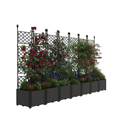 7-Panel Raised Garden Bed with Trellis, 114.2" Long PP Plastic Planter Box with Climbing Lattice for Indoor & Outdoor