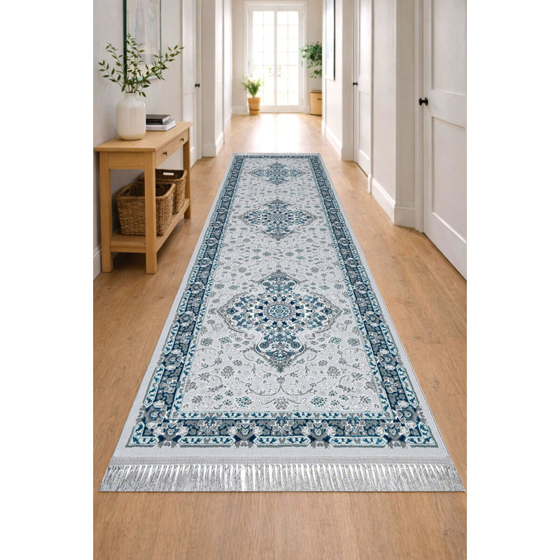 Rectangle Floral Flatweave Berber Indoor / Outdoor, TURQUOISE, 80 X 150 CM