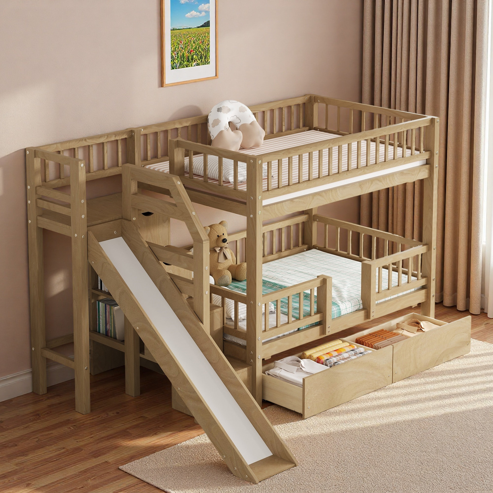 Harriet Bee Bunk Bed With Storage Staircase, Slide And 2 Drawers | Wayfair