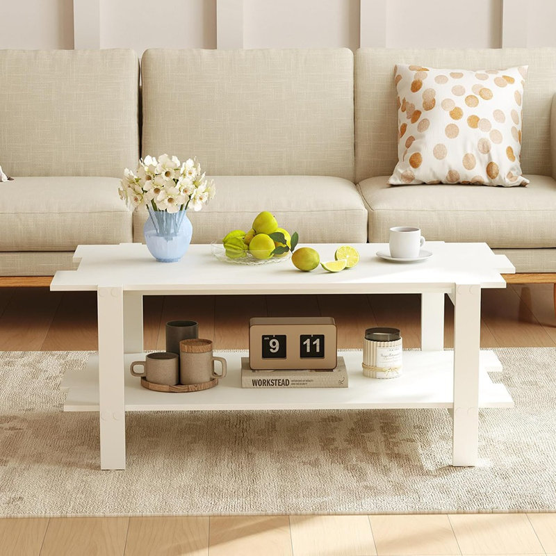 Table basse moderne avec design à lattes et rangement - Blanc