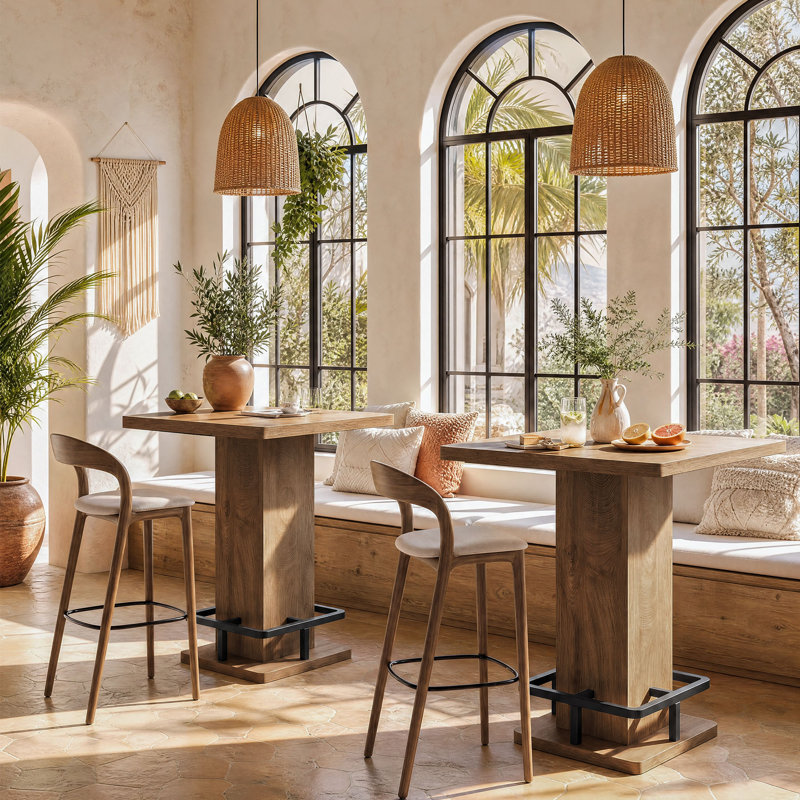 Table bistro de 31,5 po de hauteur carrée avec base à piédestal, brun naturel, coin bar et coin-repas
