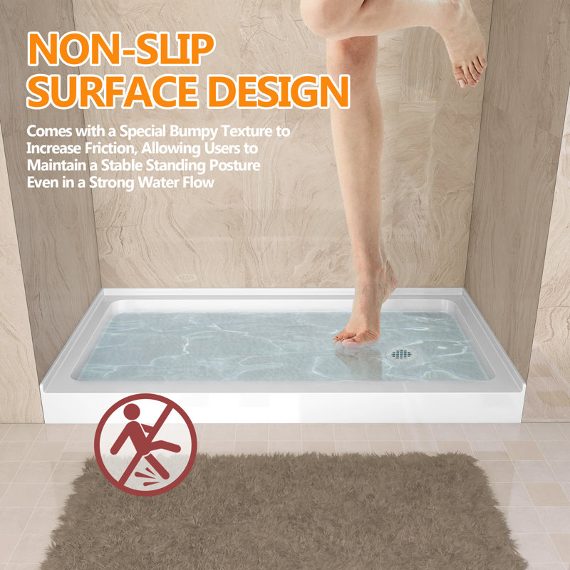 32 In. D X 60 In. W X 5 1/2 In. H Drain Single Threshold Shower Base, Right