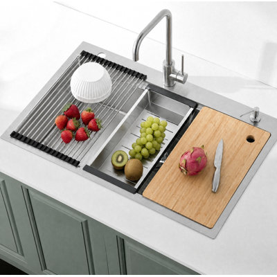 33"L Silver Undermount Kitchen Sink with Pop-Up Drain, 304 Stainless Steel Drop-in Workstation Sink Single Bowl with Accessories
