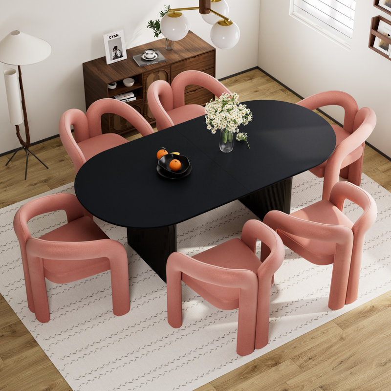 Ensemble de table de salle à manger 70 po avec chaises Velevt, 7 pièces: table, 6 chaises, Noir, Rose