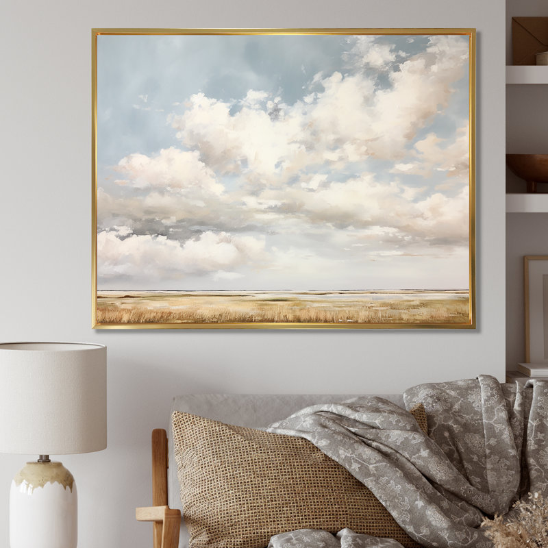 Nuage blanc paysage minimaliste - décoration murale nuages, H 16 po x l 32 po x P 1 po, Cadre flottant doré
