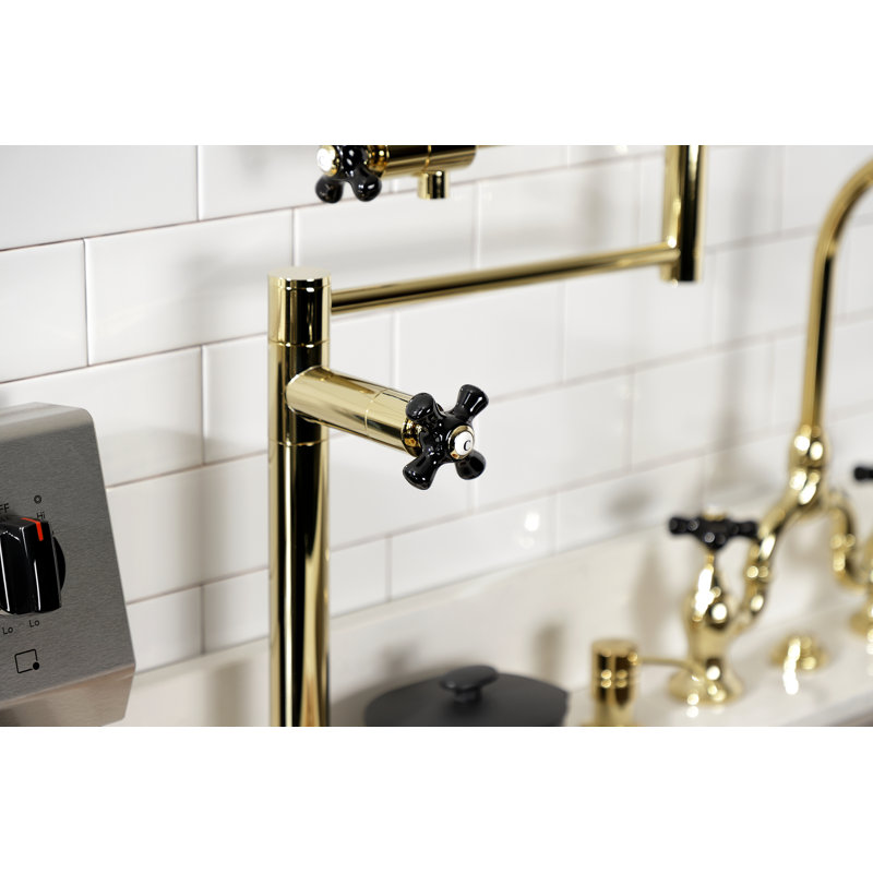 Kingston Brass Two-Handle 1-Hole Deck Mount Pot Filler Faucet, Polished Brass/Black