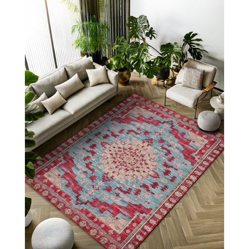 Tapis bleu en polyester à imprimé machine Gulustan, Rond 3 pi 4 po