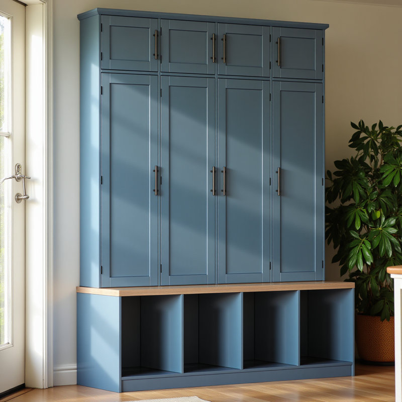 Farmhouse Hall Tree With 4 Hidden Hanging Hooks, Versatile Walnut Seating Bench With 8 Doors, Entryway Shoe Cabinet With Open Compartment For Living Room, Blue