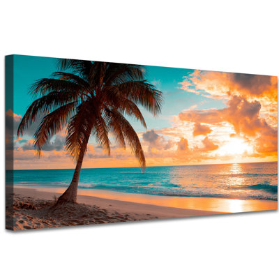 Grand coucher de soleil Adrick, palmier tropical, océan, paysage, impression de photos, décoration murale bord de mer, prêt à accrocher, toile encadrée pour salon, chambre, salle de bain, bureau