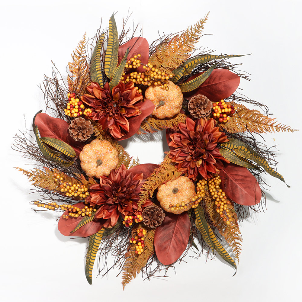 Primrue 24 Pumpkin & Dahlia Fall Wreath Autumn Outdoor Fall Decor & Reviews | Wayfair