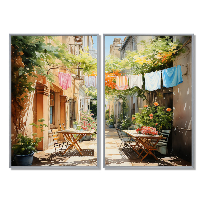 Jour de lessive en Italie III - Illustration, art mural, H 36 po x l 48 po, Reproduction encadrée sans passe-partout