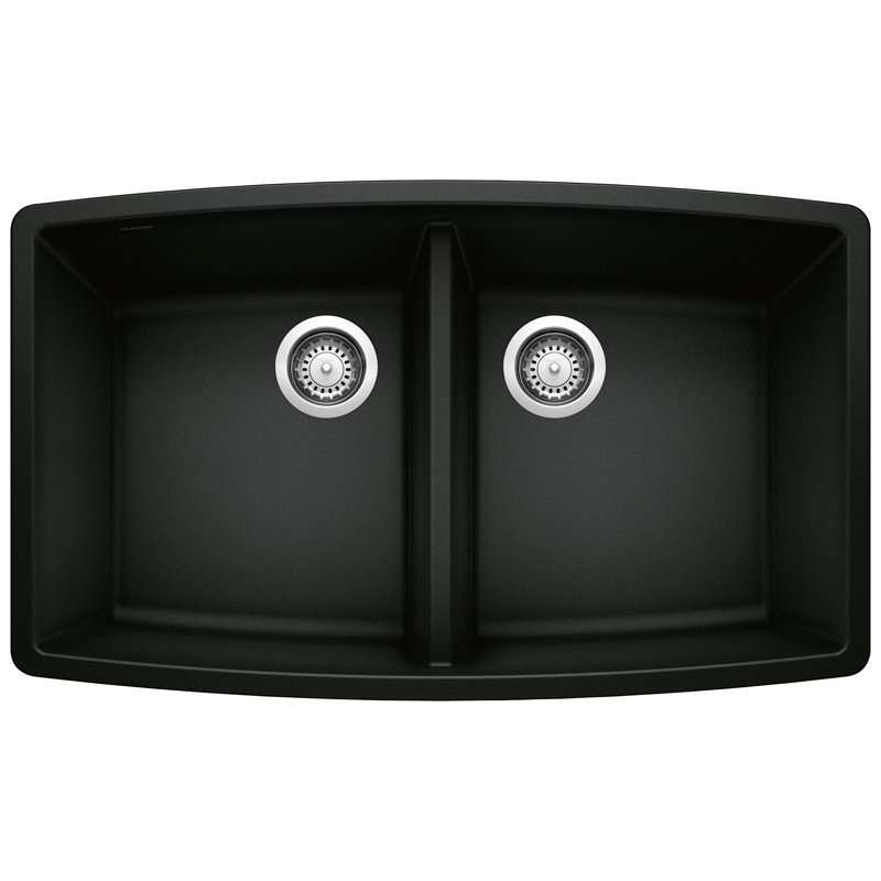 Performa SILGRANIT 33" 50/50 Double Bowl Undermount Kitchen Sink - Coal Black, Coal Black