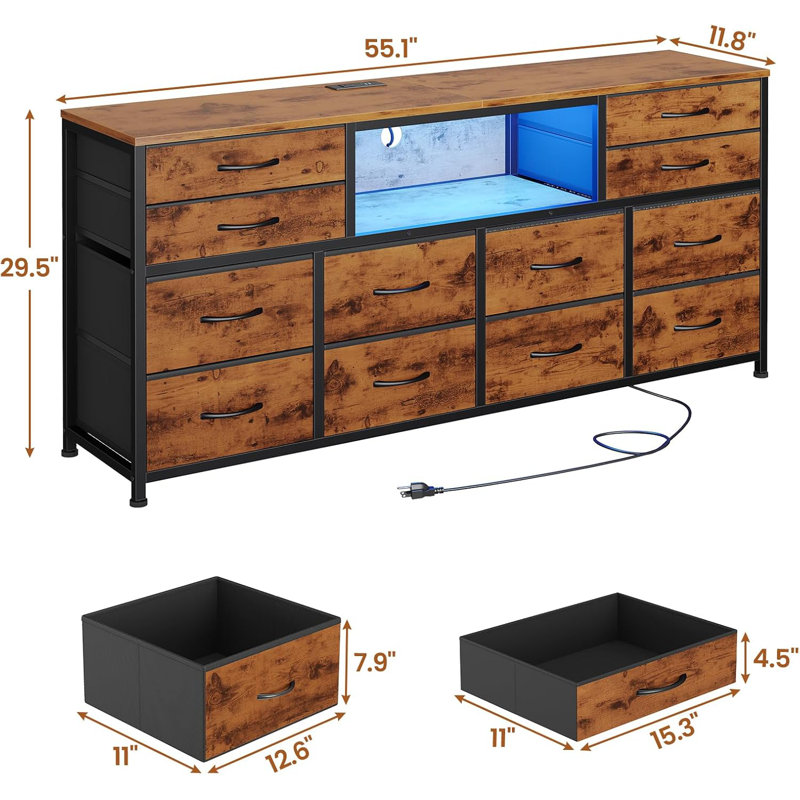 LED TV Stand Dresser for Bedroom, 55 Inch, 12 Drawers