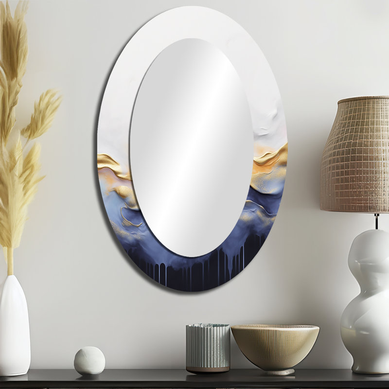 Abstrait bleu et jaune cascade de marbre jaune I - miroir mural ovale moderne, 36 po x 24 po