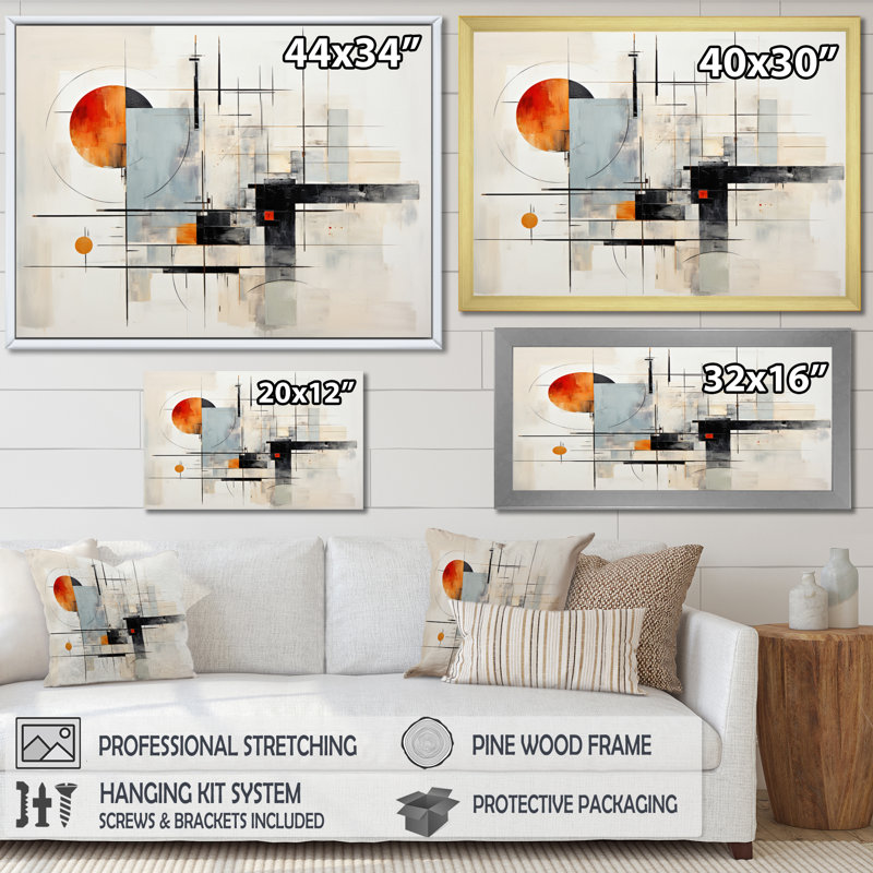 «Beige Grey Suprematism Silent Symmetry II», reproduction sur toile, H 30 po x l 40 po x P 1,5 po, Cadre flottant noir