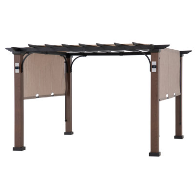 SUNJOY 11x11 Heat-Transfer Woodgrain Steel Pergola with 4 Solar Lights, Sliding Canopy & Oversized Posts 