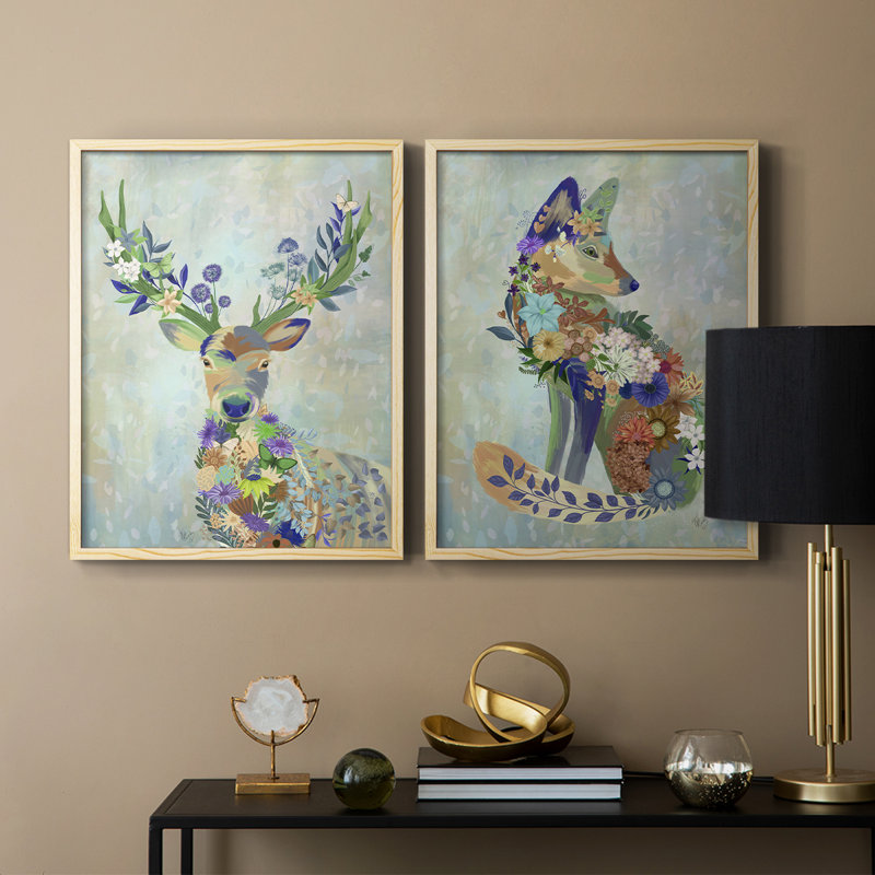 Fantastic Florals Deer, Portrait - reproduction encadrée de qualité supérieure - prête à être accrochée - aucun clou requis - aucun clou requis