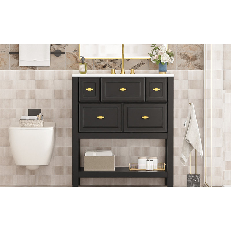Meuble-lavabo moderne avec lavabo en céramique 30 po, 5 tiroirs avec cadre en bois massif, 30.64", Noir