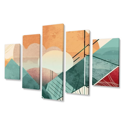 Minimal Boho Landscape In Retro Earthy Green - Modern Geometric Wall Decor - 5 Panels