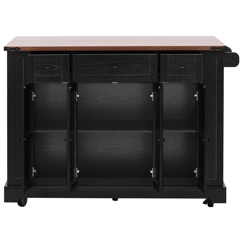 53'' Farmhouse Kitchen Island With Two Tempered Glass Cabinet Doors, Power Outlet, Rolling Kitchen Cart On Wheels With Drop Leaf, 5 Open Side Racks, 3 Drawers, For Kitchen, Dining Room, Black