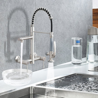 8-Inch Center Wall Mount Kitchen Faucet With Pull Down Sprayer