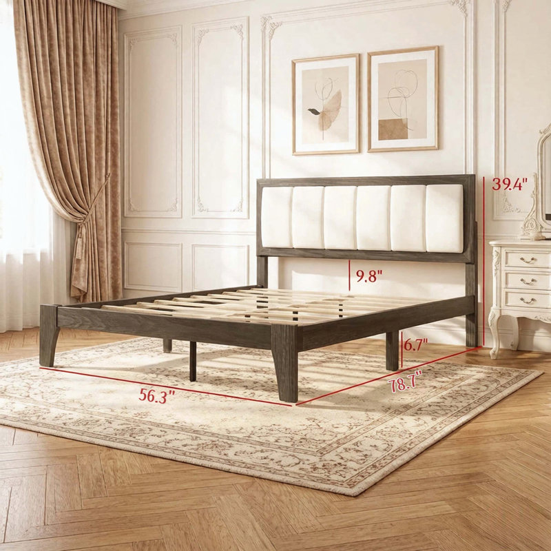 Full Size Bed Frame with Upholstered Linen Headboard
