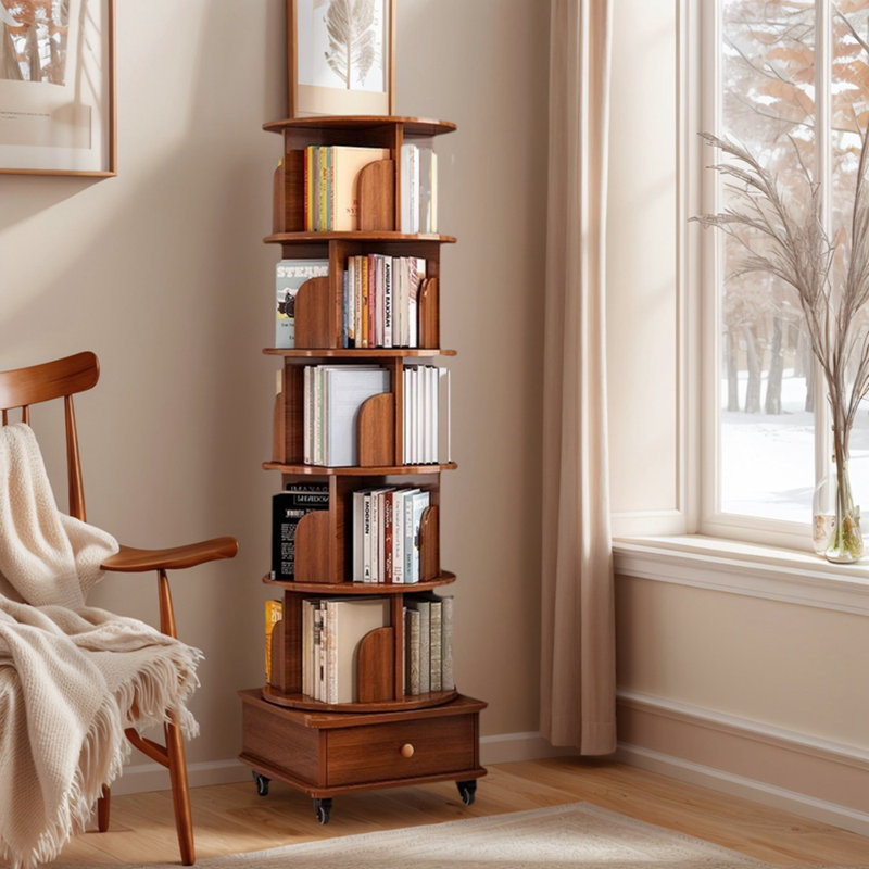 Bibliothèque rotative pivotante à 360 ° avec roulettes et tiroir, (6 tablettes) H 69 po x l 18,11 po x P 18,11 po, Noyer brun