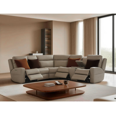 Top Grain Leather Power Reclining Sectional Sofa with Zero Gravity Lumbar Support and Adjustable Headrest