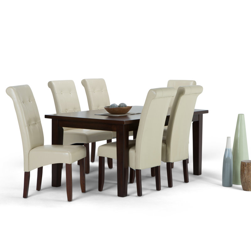 Cosmopolitan / Eastwood 7-Piece Contemporary Dining Set with Solid Hardwood Table and 6 Upholstered Chairs, Satin Cream