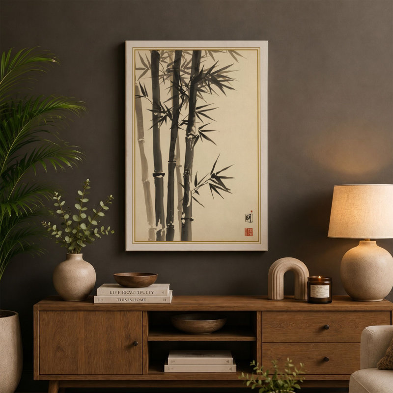 Bamboo in Ink Japandi 1 Piece Wrapped Canvas Wall Art, 30x20 - 76.2 x 50.8 cm, Sage Border