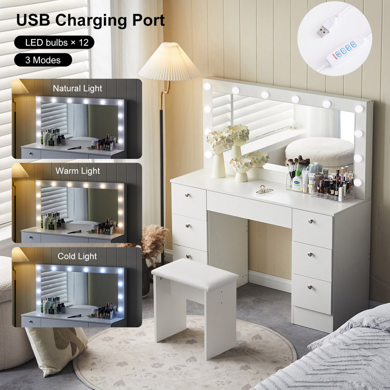 Dressing Table With Mirror, 7 Drawers Vanity Table With 3 Colors LED Light