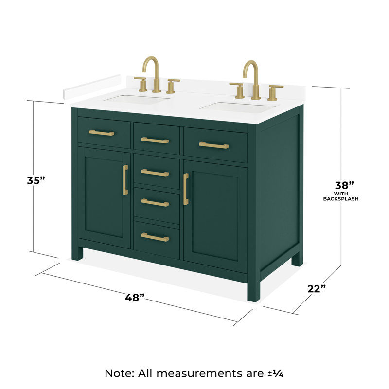 Ensemble de meuble-lavabo double 48 po Beckett, Vert avec bordure dorée brossée, Comptoir en marbre de culture blanc
