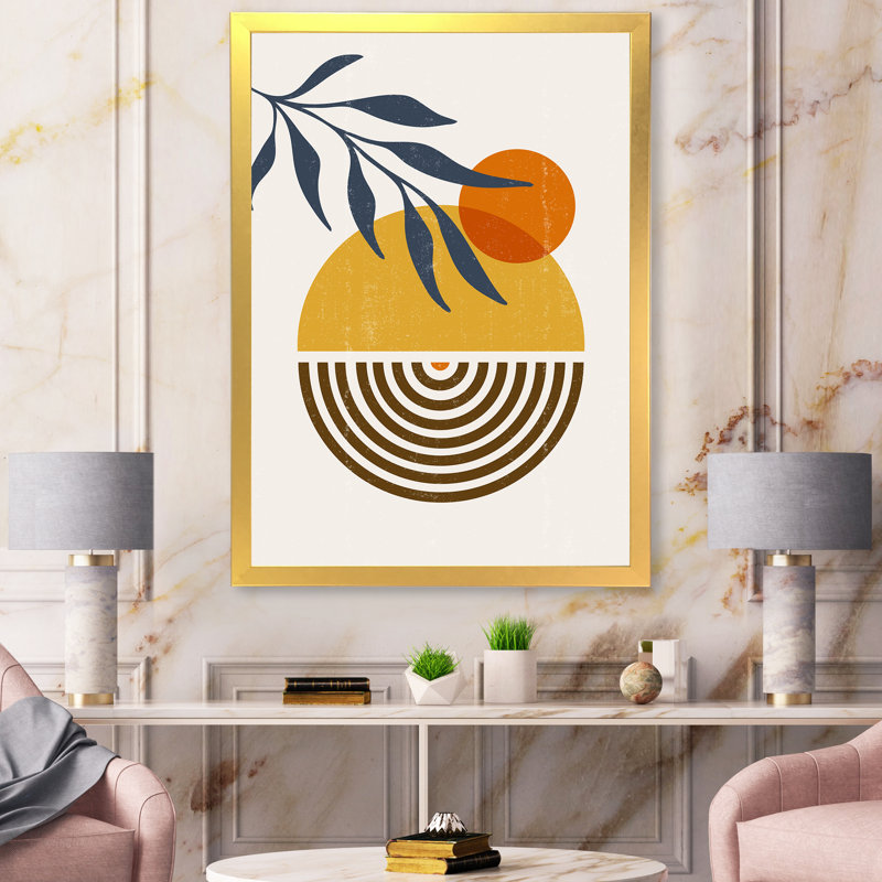 «Botanical Minimalist Leaf with Abstract Shapes IV», impression sur toile encadrée, Encadrement doré