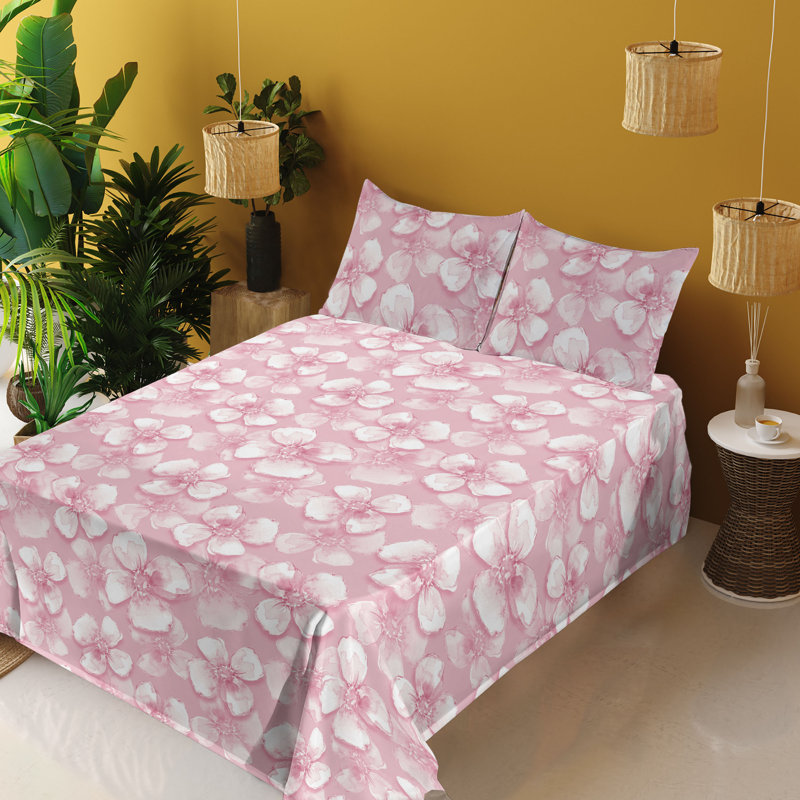 Ambesonne Watercolor Botany Sheet Set 4 Pcs Retro Boho Bloom, Full Sheet Set with 2 Pillowcases, Pastel Pink Pale Rose Floral
